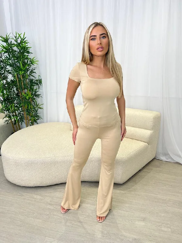 Logo Short Sleeve TopsBeige Slinky Square Neck Short Sleeve Top