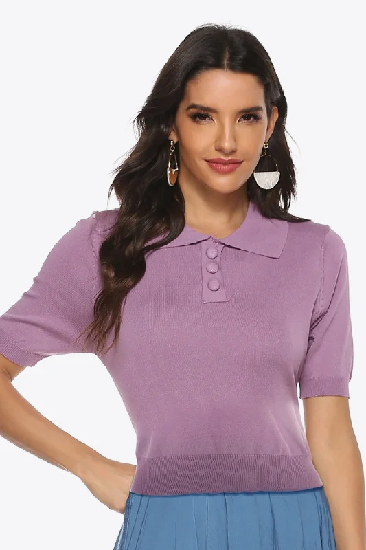 Skateboard Short Sleeve TopsButtoned Collared Neck Short Sleeve Knit Top