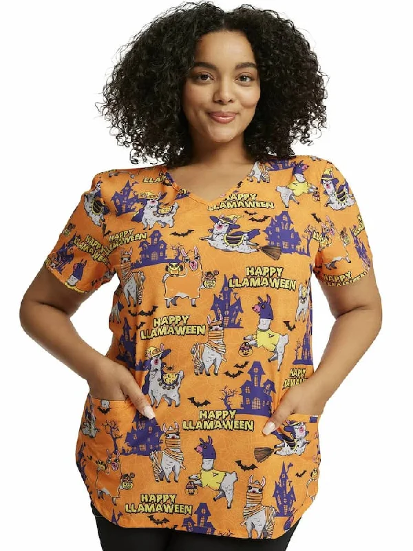 Cherokee Women's V-Neck Print Scrub Top | Happy Llamaween