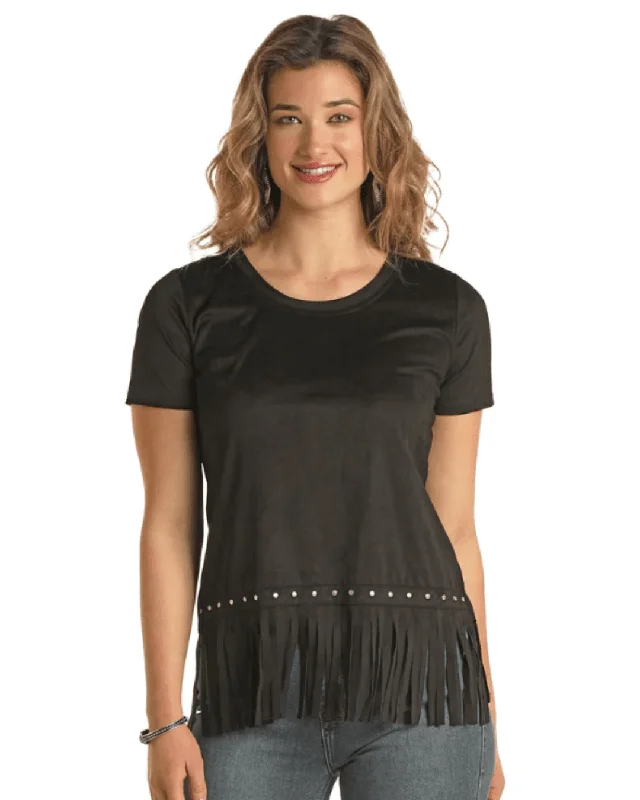 Cotton Short Sleeve TopsPanhandle Women's Black Fringe Short Sleeve Top LW51T02906 LP51T02906