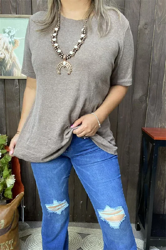 College Short Sleeve TopsGJQ15568 Light tan solid color short sleeve women tops