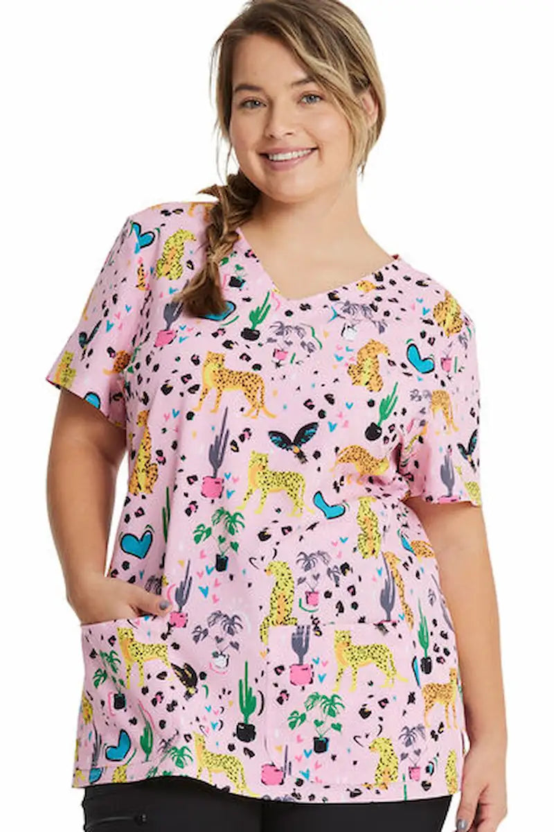 HeartSoul Women's V-Neck Print Scrub Top | Jungle of Love