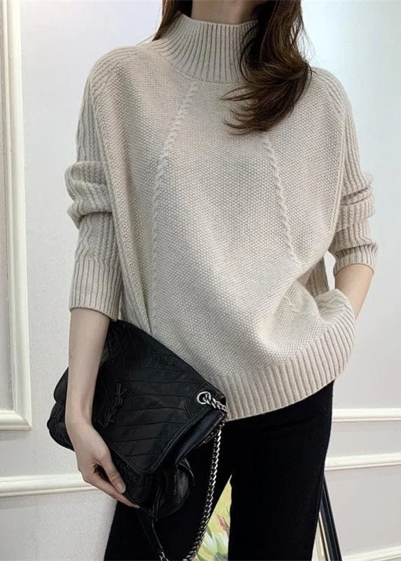 tyle Beige Hign Neck Patchwork Thick Cashmere Knit Pullover Spring