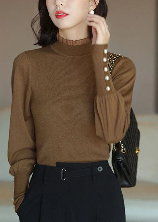 Women Caramel Ruffled Patchwork Wool Knit Pullover Spring